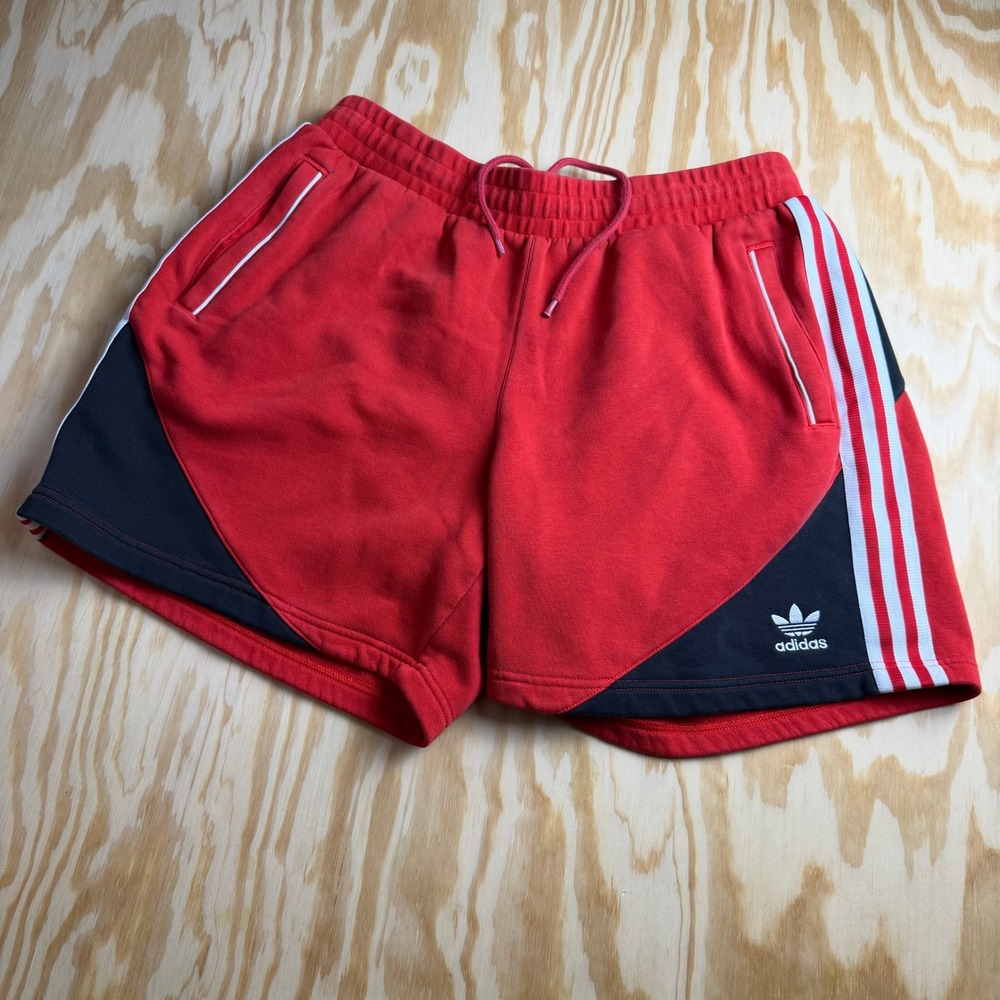 Adidas Originals Mens Red Navy Fleece Shorts Trefoil 3-Stripe Size Large